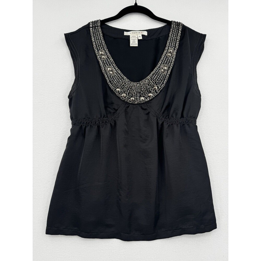 Studio M Black Beaded Embellished Empire Waist Sleeveless Top XL